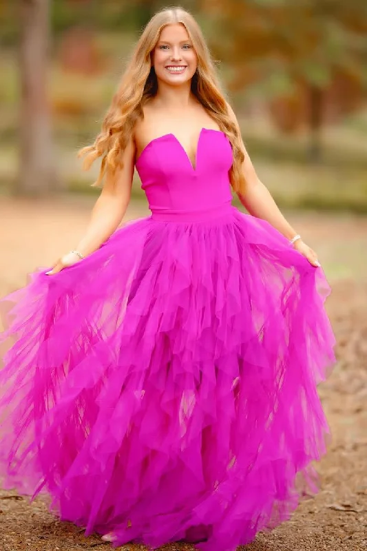Markdowns A-Line Strapless Layered Tulle Sleeveless Empire-Waist Long Prom Dress