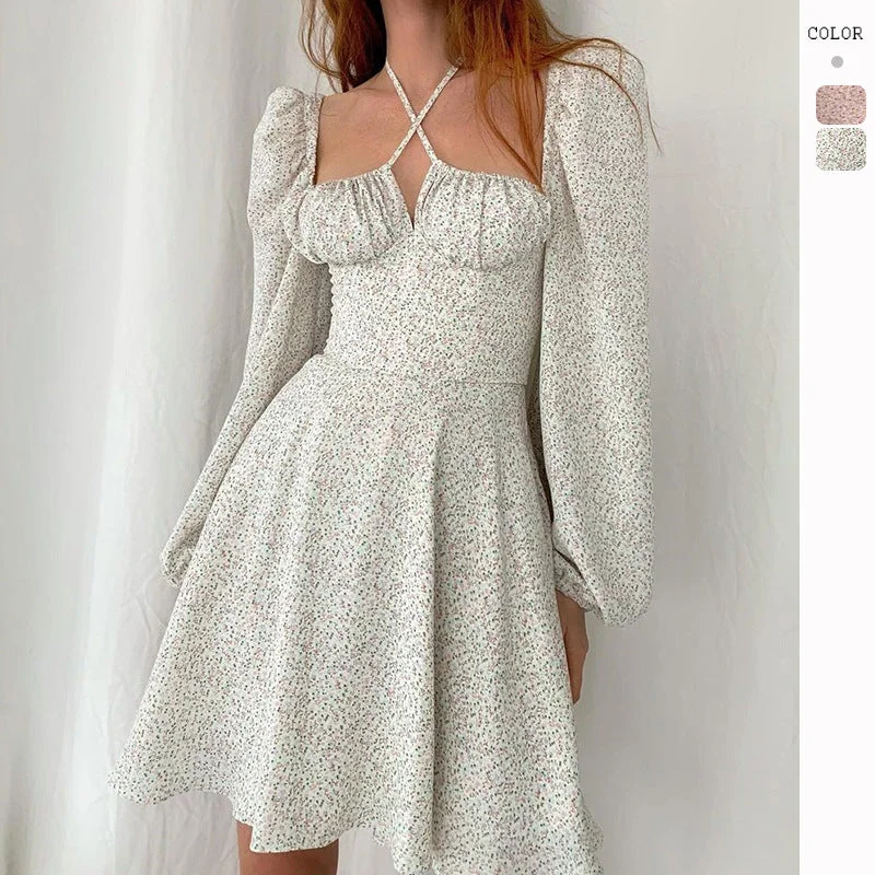 Limited Stock Fashionable Long-sleeved Bubble-sleeve Floral Dress
