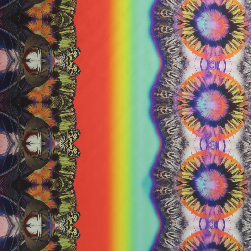 Price Reduction Multicolored Feathers on Rainbow Printed Polyester Mikado Fabric