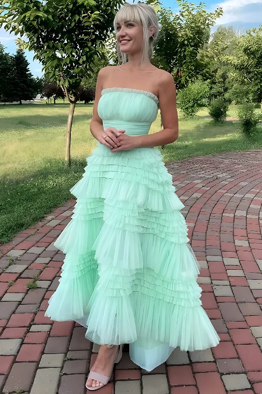 Savings Alert Mint Strapless Scoop Neck Layered Tulle A-Line Prom Dress