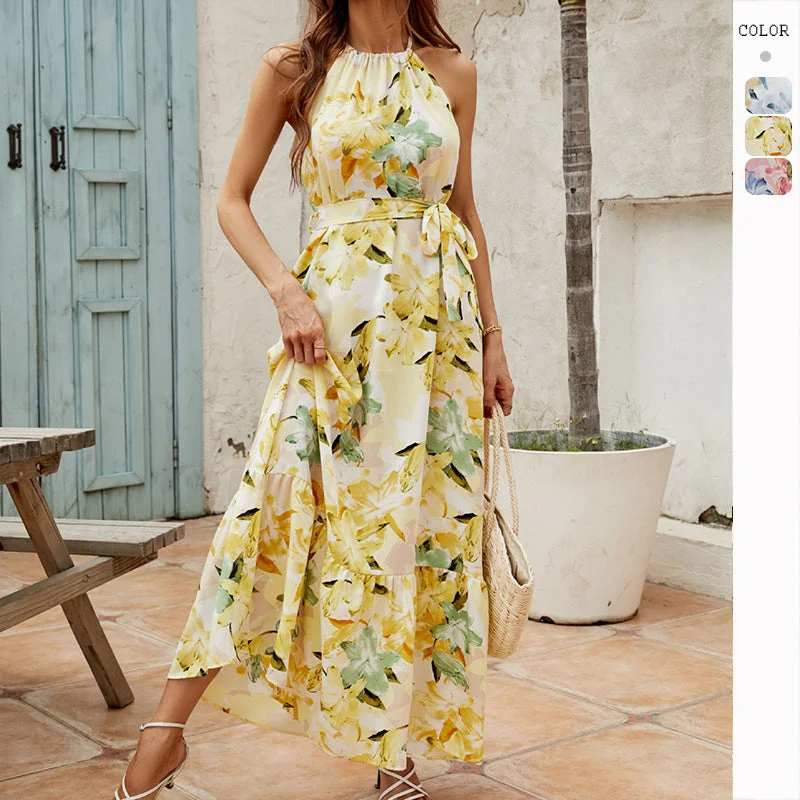 Don't Wait Summer French Style Floral Print Sexy Halter Neck Dress