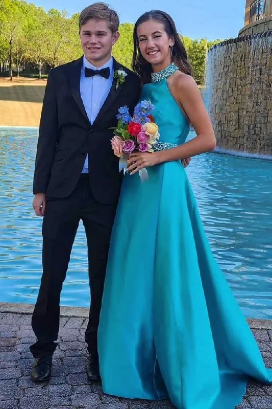 Anniversary Sale High Neck A-Line Empire-Waist Beads Sleeveless Formal Prom Dress