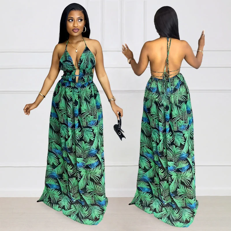 Bonus Savings Sleeveless Backless Vacation-style Deep V-neck Halter Dress