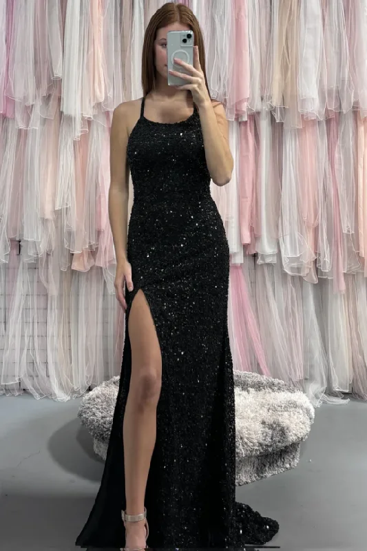 Year-End Clearance Black Sequined Mermaid Scoop Neck Sleeveless Long Prom Dress with Slit