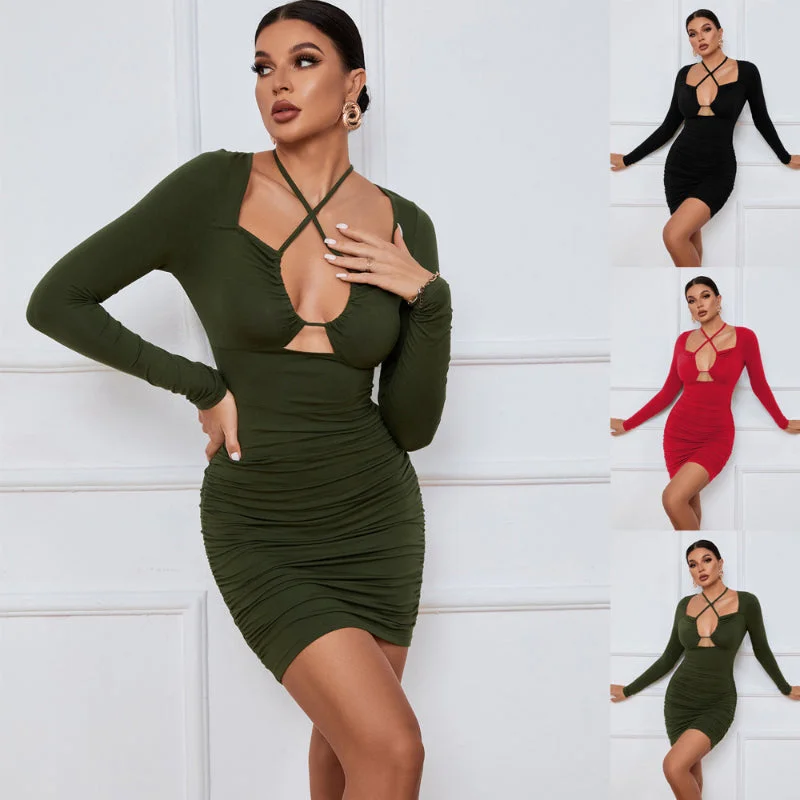 Seasonal Sale Sultry Hollow Out Lace-Up Bodycon Long Sleeves Mini Dress
