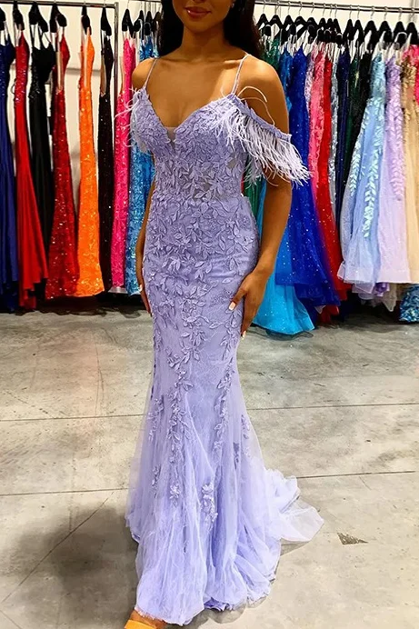 Price Meltdown Lilac Cold Shoulder Lace Appliques Mermaid Prom Dress with Feathers Price Meltdown Lilac Cold Shoulder Lace Appliques Mermaid Prom Dress with Feathers
