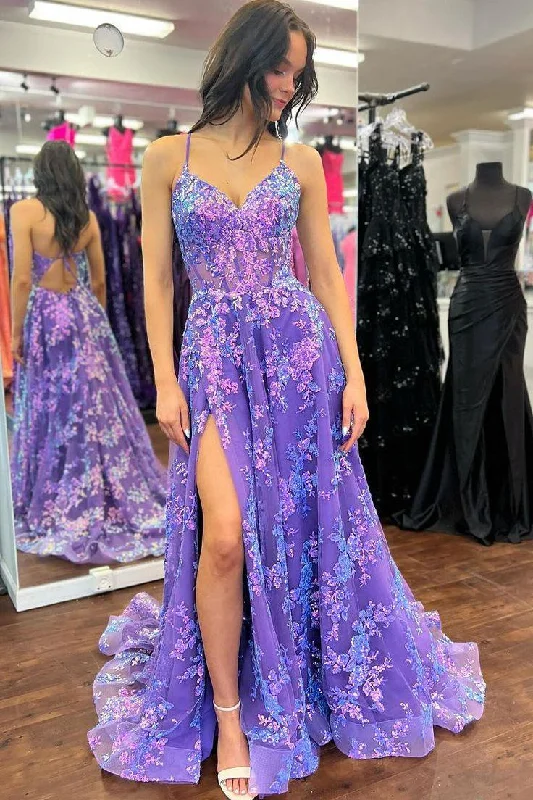 Can't Be Beat Spaghetti Straps V-Neck Lace Appliques Empire-Waist Prom Dress with Slit Can't Be Beat Spaghetti Straps V-Neck Lace Appliques Empire-Waist Prom Dress with Slit