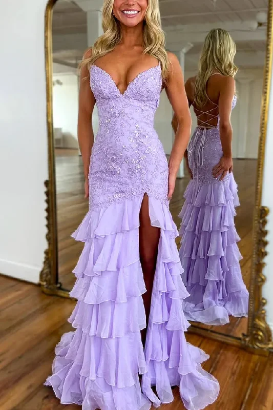 Exclusive Savings Elegant V-Neck Appliques Mermaid Ruffles Prom Dress with Slit