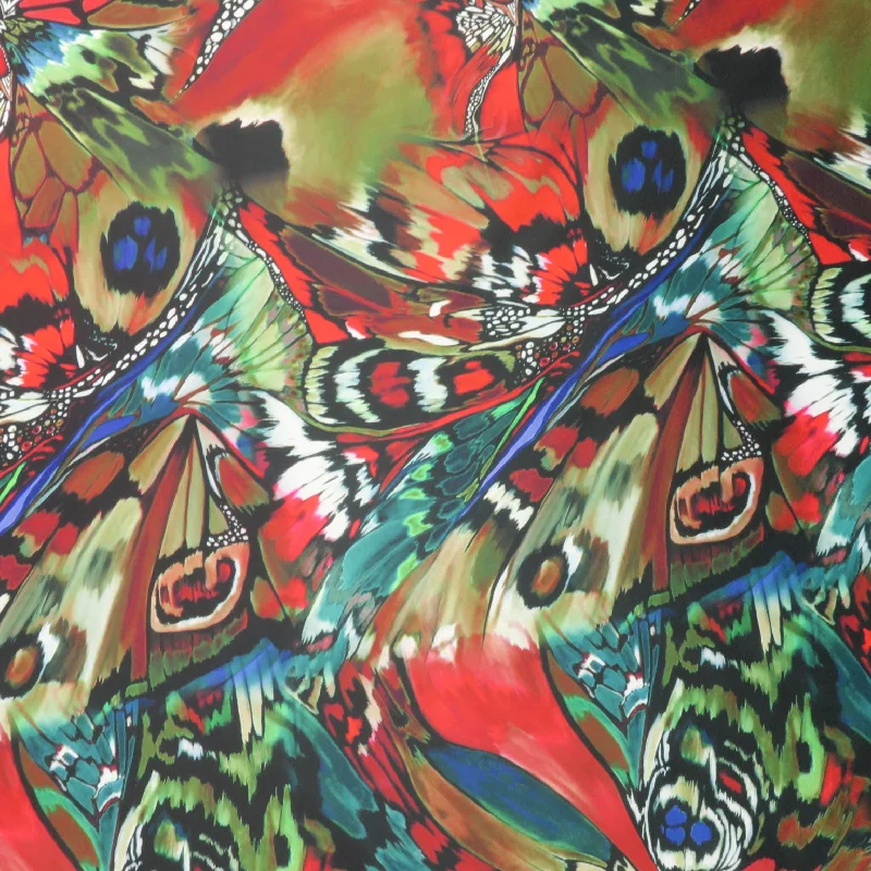 Buy More, Save More Green and Red Butterflies on Multicolored Background Printed Polyester Mikado Fabric Buy More, Save More Green and Red Butterflies on Multicolored Background Printed Polyester Mikado Fabric
