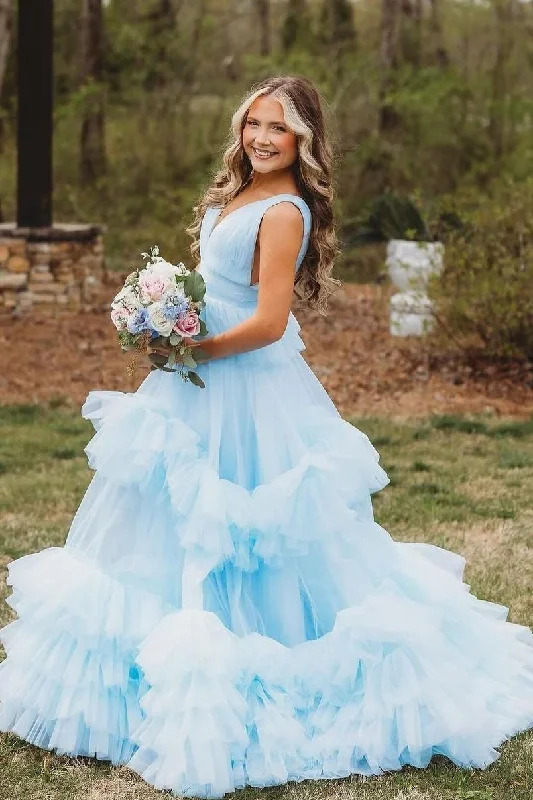 Special Buy Blue A-Line V-Neck Straps Layered Tulle Long Formal Prom Dress