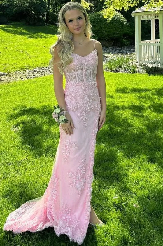 Incredible Offers Pink Spaghetti Straps Appliques Mermaid Formal Prom Dress with Train Incredible Offers Pink Spaghetti Straps Appliques Mermaid Formal Prom Dress with Train