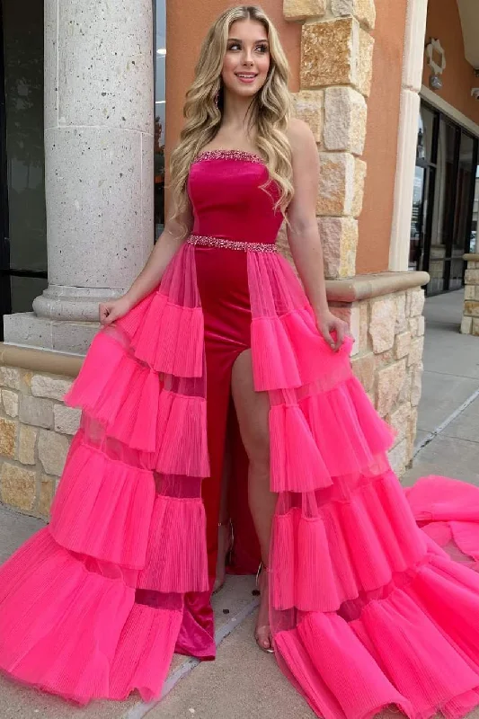 Take Advantage A-Line Strapless Scoop Beads Layered Tulle Long Prom Dress with Slit