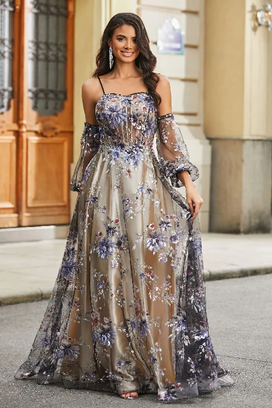 Loyalty Reward Floral Sequins Ruched Satin A-Line Tulle Dress