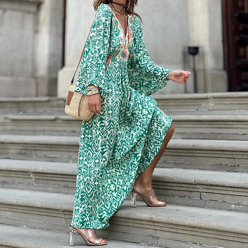 Reduced Prices Casual V-Neck Long Sleeve Mid-Length Printed Dress