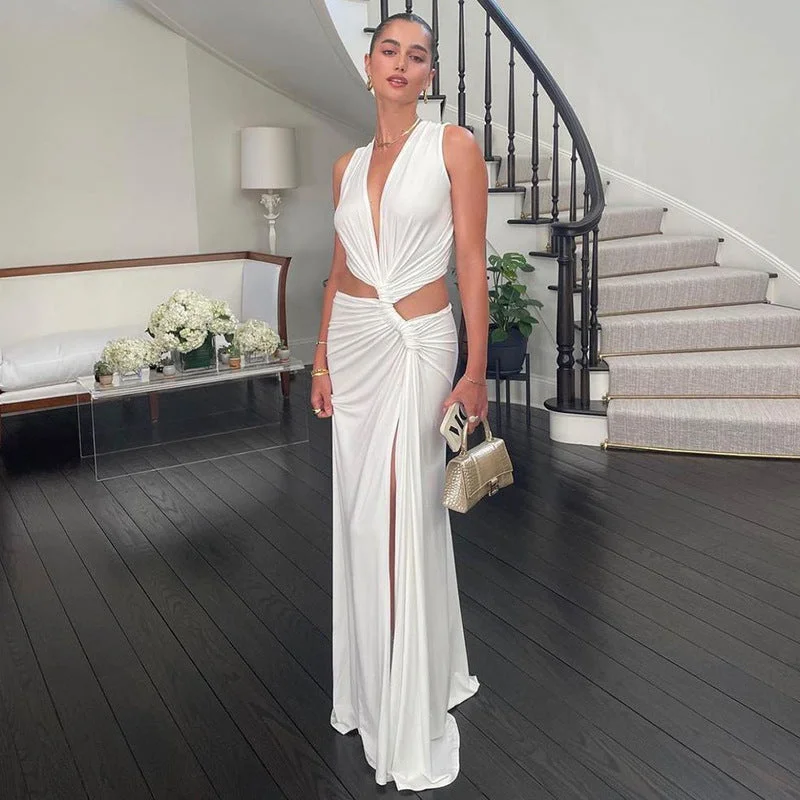 Deal Zone Vacation Style Fashionable and Sexy V-neck Hollow-out Split Dress