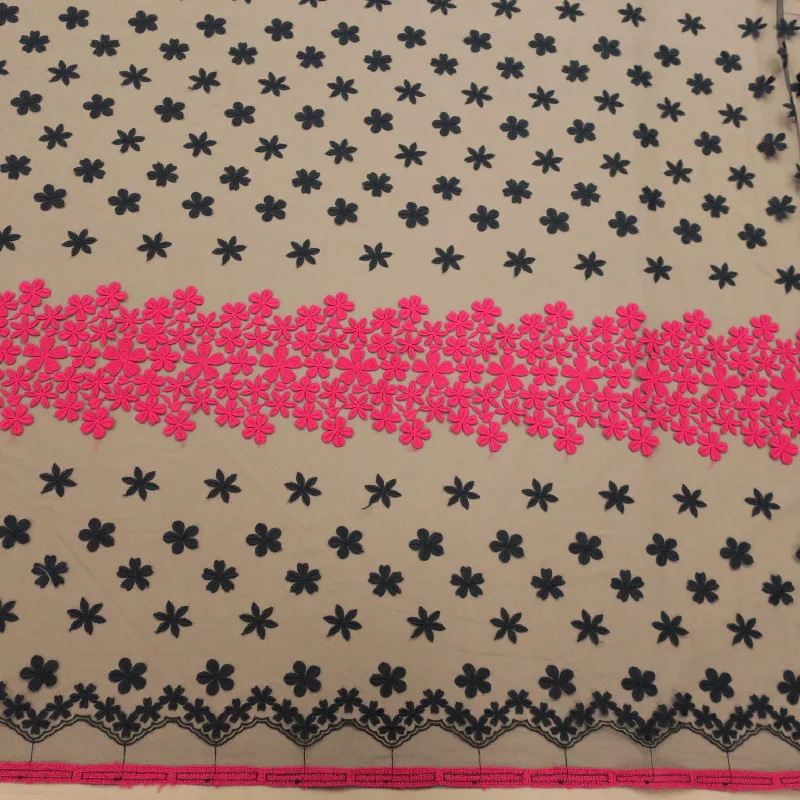 Season Finale Sale Black Tulle with Fuchsia and Black Floral Embroidery Fabric
