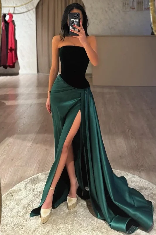 Buy More, Save More Strapless A-Line Scoop Neck Pleated High Slit Formal Prom Dress Buy More, Save More Strapless A-Line Scoop Neck Pleated High Slit Formal Prom Dress