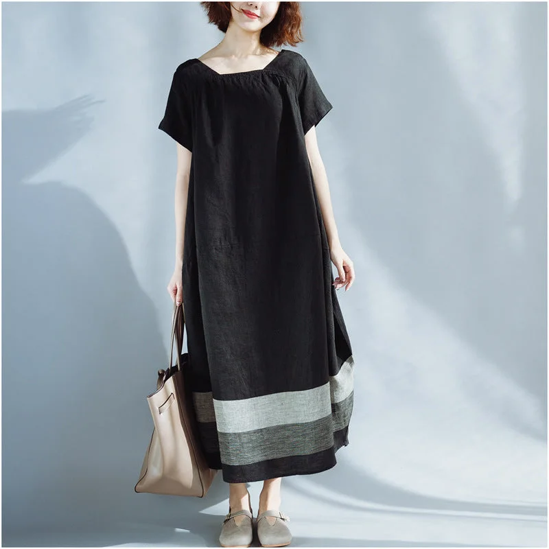 Great Bargains Artsy Plus Size Color Block Cotton Linen Dress