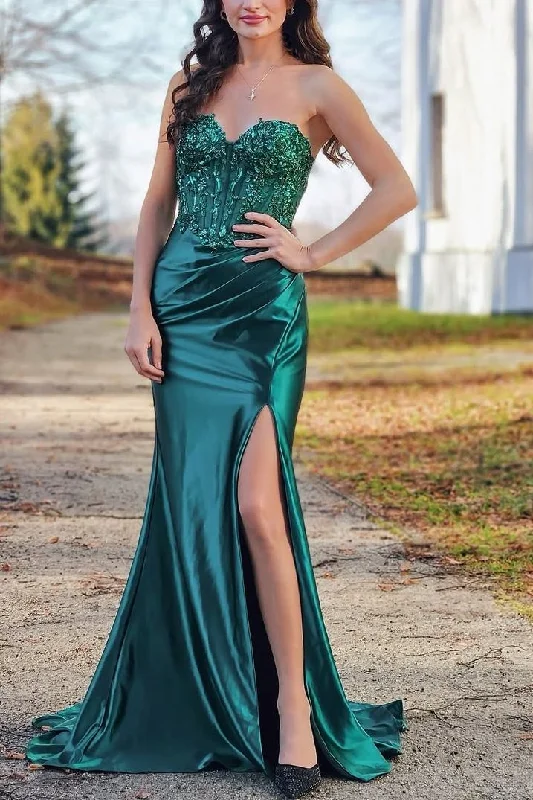 Special Savings Green Sweetheart Strapless Appliques Pleated Mermaid Prom Dress with Slit Special Savings Green Sweetheart Strapless Appliques Pleated Mermaid Prom Dress with Slit