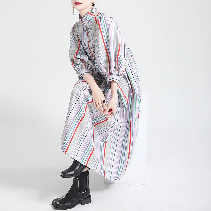 Stock Clearance Vintage Rainbow Striped Bubble Sleeve Dress