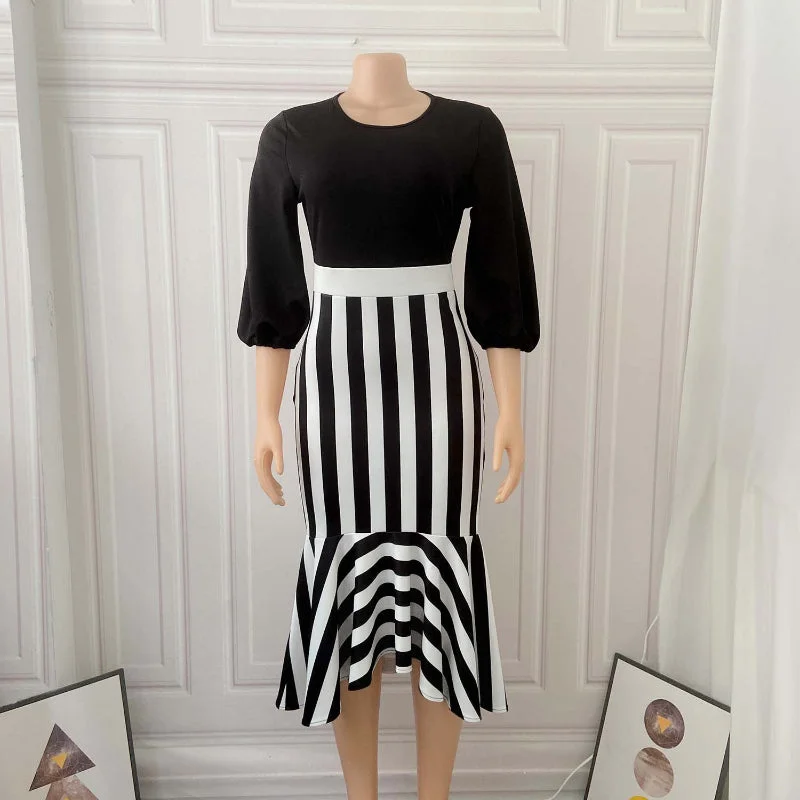 Price Blitz Asymmetrical Striped Fish-tail Commuter Dress
