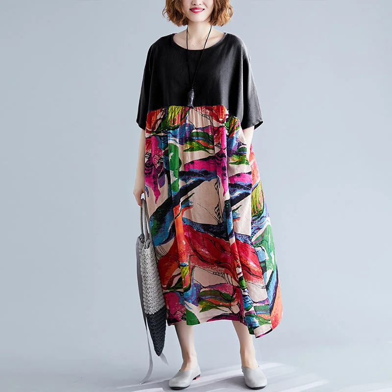 Don't Wait Korean Style Color Block Loose Short Sleeve Swing Dress