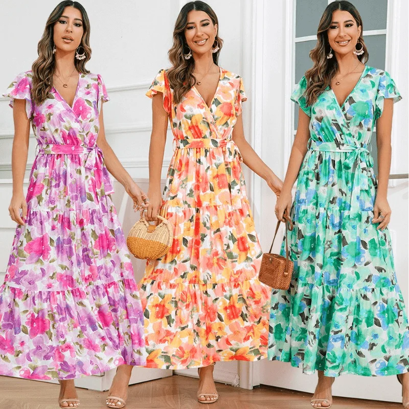 Online Only Boho-Chic V-neck Printed Lotus-Flower Hem Long Dress