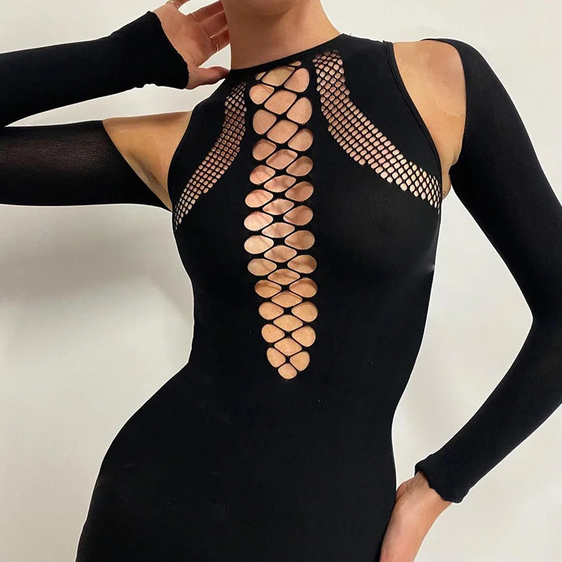 Mega Deal Solid Color Hollow Out Off-Shoulder Long Sleeve Dress