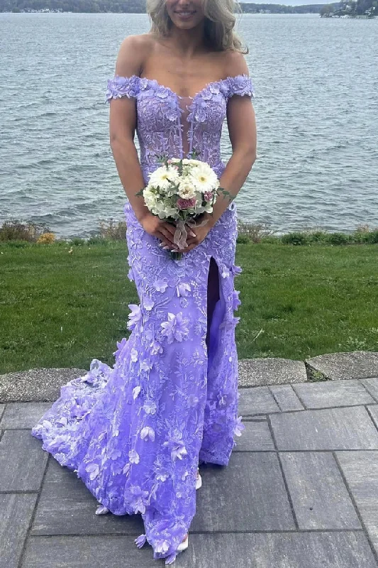 Mega Deal Off-Shoulder V-Neck Lace Appliques Mermaid Prom Dress with Slit
