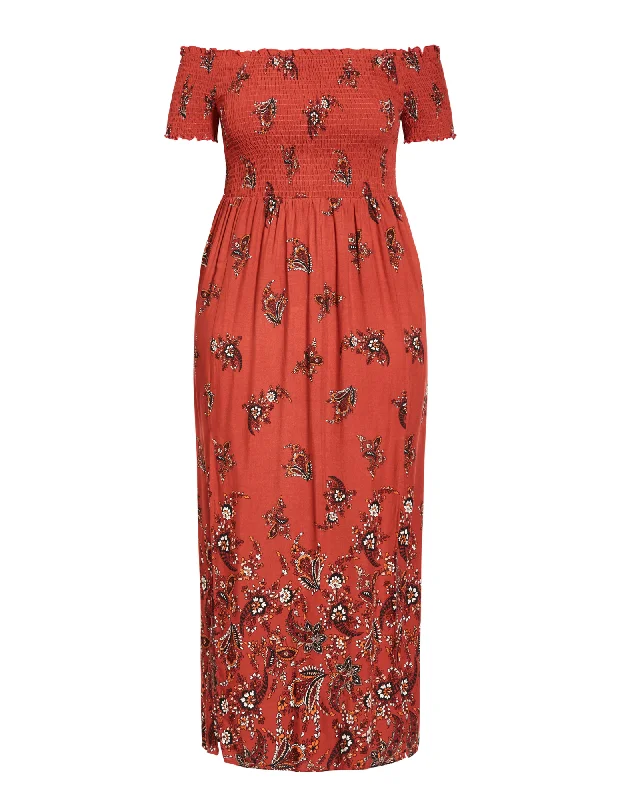 Shop and Save Summer Off The Shoulder Maxi Dress | Burnt Orange / Black