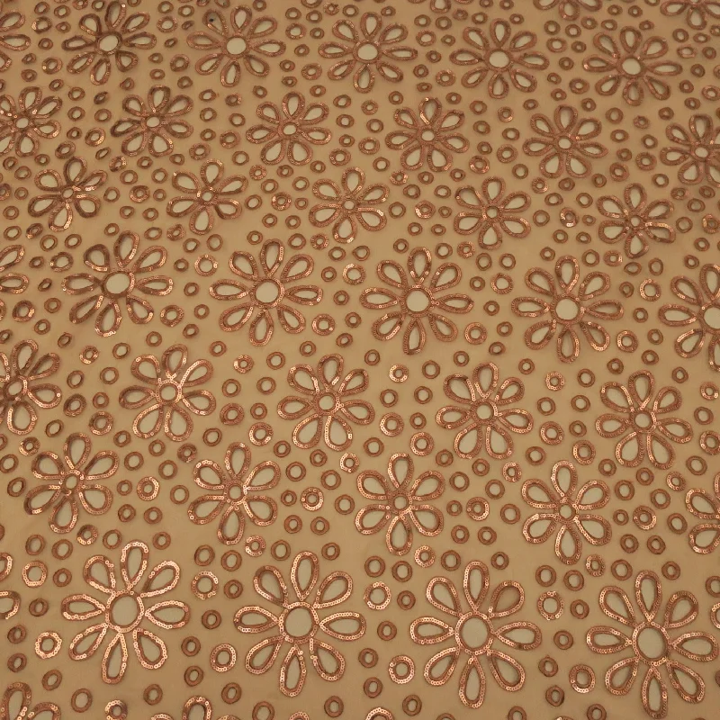 Quick Sale Brown Floral and Circles Embroidered Organza Fabric