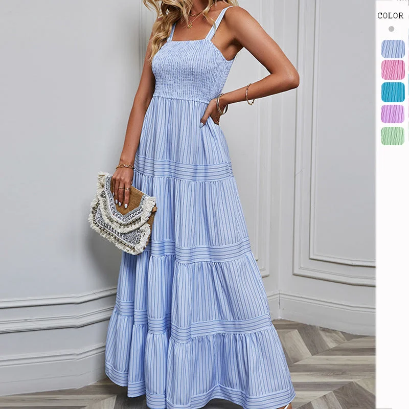 Low Prices Striped Halter Neckline Waist Tie Vacation Dress