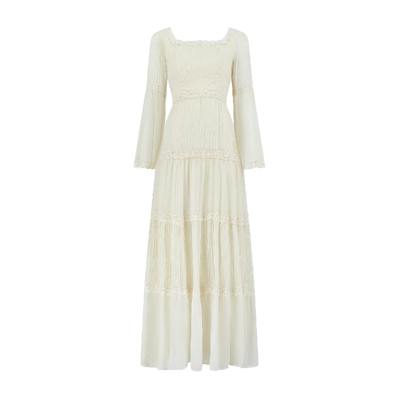 Seasonal Sale 1970s Cream Pintuck and Crochet Mexican Wedding Dress
