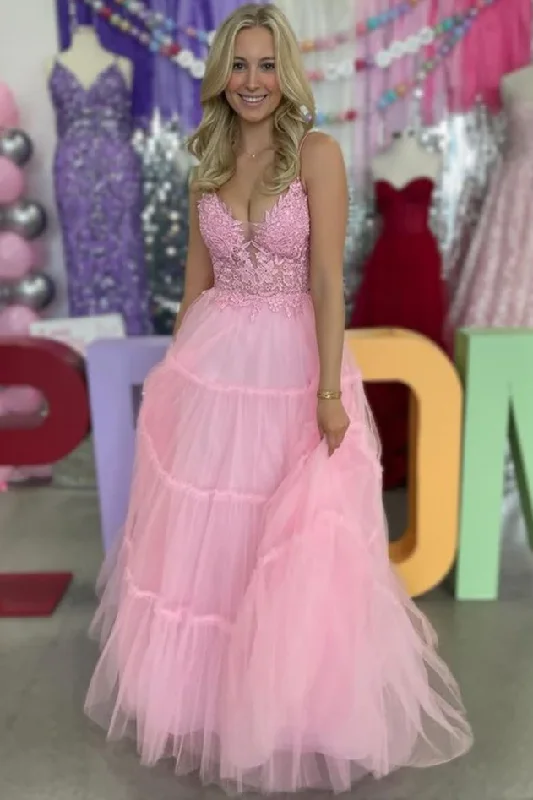 New Deals A-Line Spaghetti Straps V-Neck Appliques Tulle Pink Prom Dress