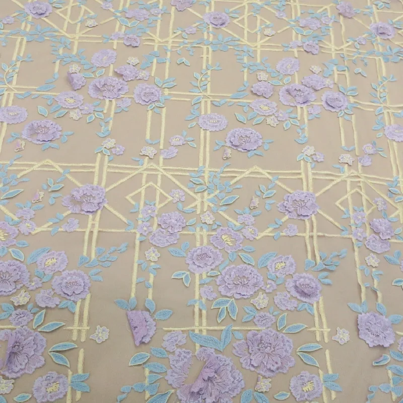 Buy More, Save More Purple and Yellow Embroidered Double Scalloped Tulle Fabric