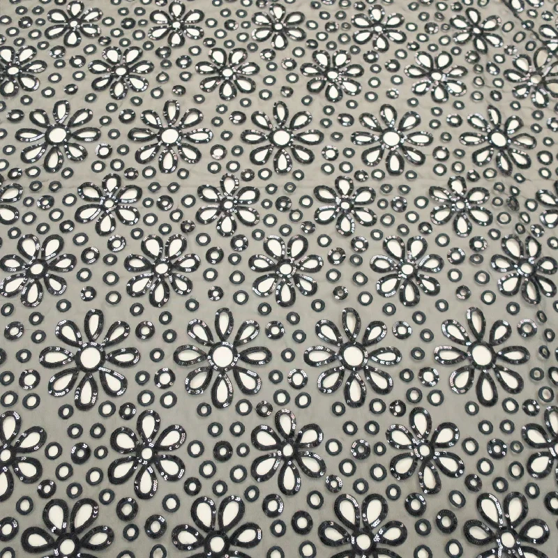 Special Discount Black with Sequins Floral and Circles Embroidered Organza Fabric