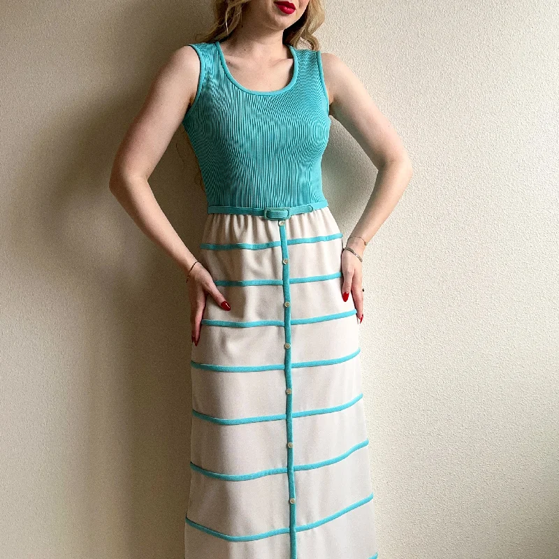 Early Bird Discount 1960s I. Magnin Turquoise and White Maxi Dress (XS/S)
