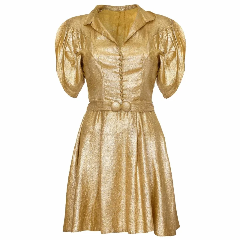 Savings Galore 1930s Gold Lame Dress with Cape Sleeves and Matching Belt