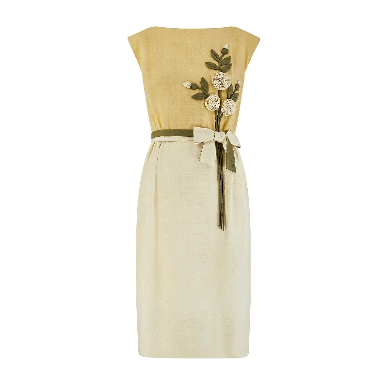 Discount Deals 1960s Jane Frye Silk Green Dress with 3D Floral Applique