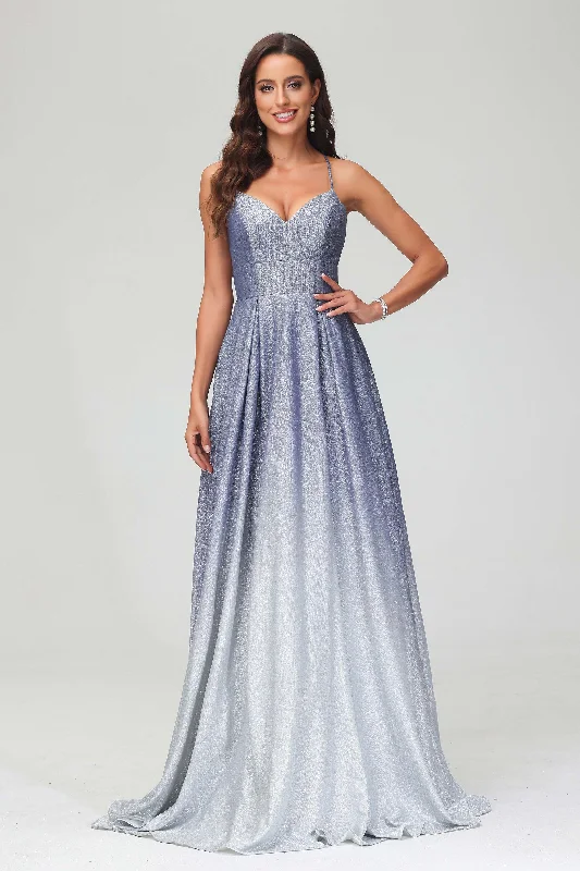 Today's Special A-Line V Neck Glitter Sweep Train Dress With Pockets