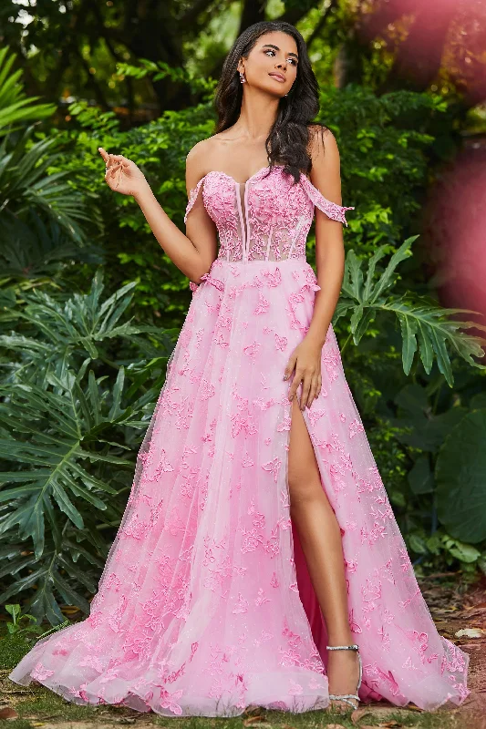 Extra Savings Strapless Butterfly Applique Sweep Train Gown With Slit