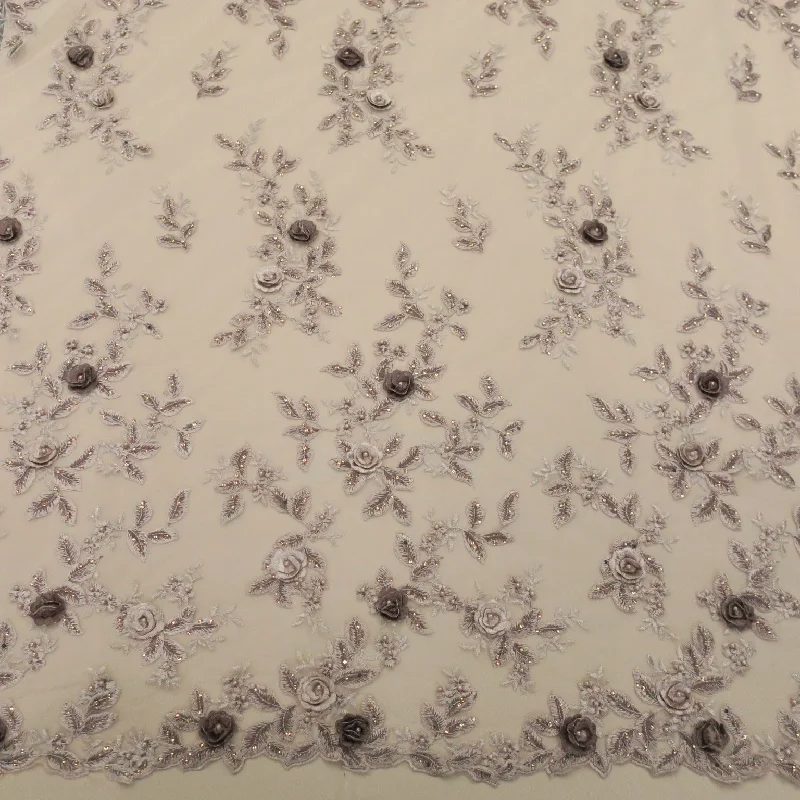 Extra Discounts Light Brown 3D High Relief Flowers Single Scalloped Embroidered Tulle Fabric
