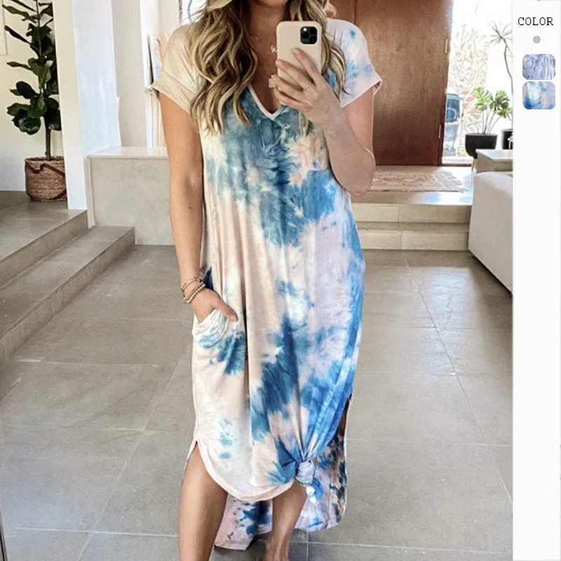 New Deals Casual and Fashionable Look Tie-Dye and Painted Short Sleeve Dress
