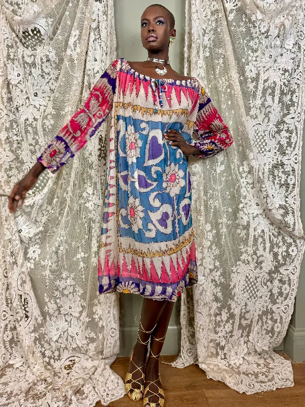 Exclusive Savings Savriti, 70s silk chiffon beaded print dress