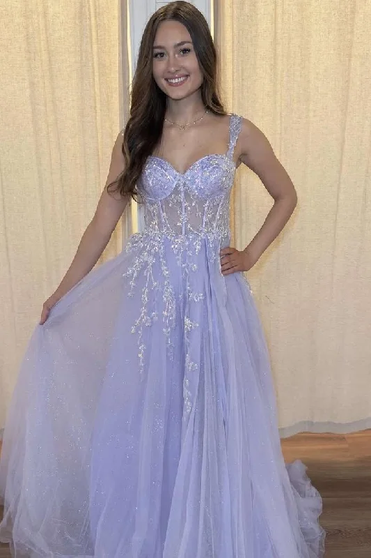 Clearance Items Lilac A-Line Straps Sweetheart Appliques Tulle Long Prom Dress