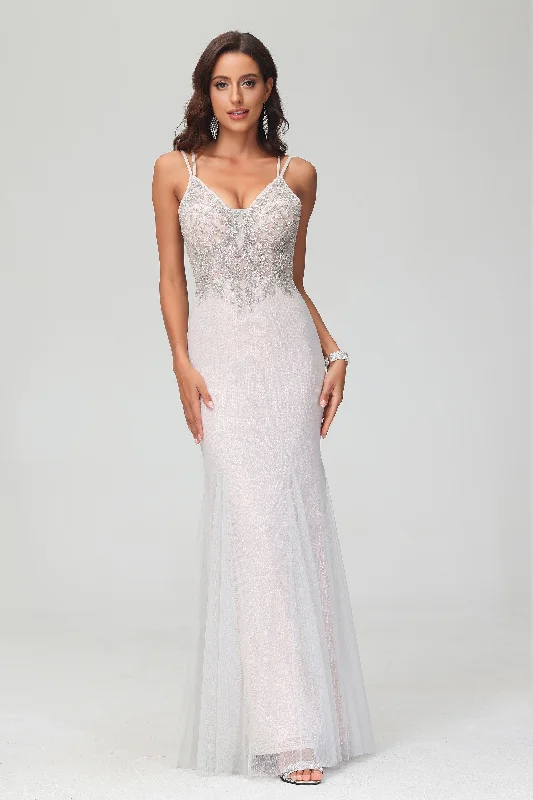 Don't Miss V-neck Spaghetti Straps Bodycon Glitter Tulle Floor-Length Dress