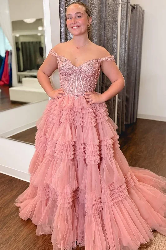 Final Clearance Off-Shoulder Appliques Tiered Tulle Empire-Waist Ruffles Prom Dress