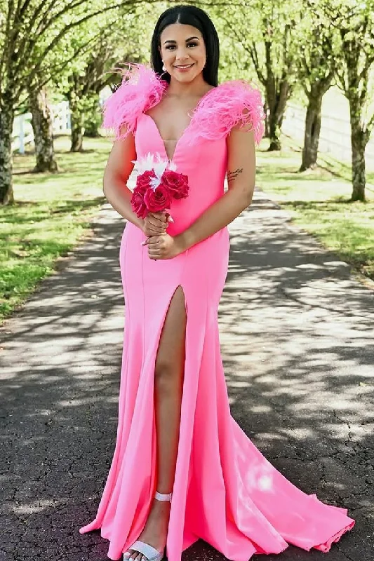 Year-End Sale Mermaid Plunging V-Neck Feathers Long Formal Prom Dress with Slit