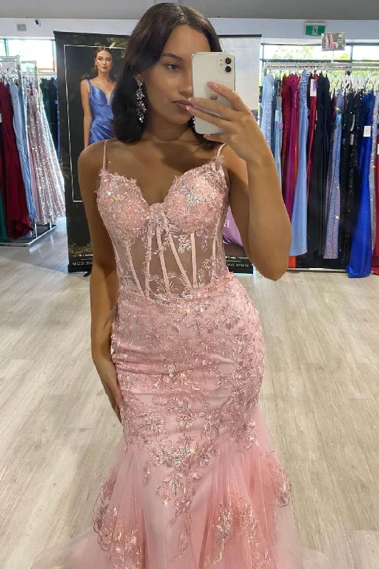 Discount Deals Pink Spaghetti Straps Lace Appliques Mermaid Long Prom Dress