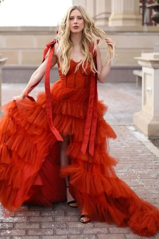 Limited Quantity A-Line Straps Layered Tulle Sleeveless Long Prom Dress with Train Limited Quantity A-Line Straps Layered Tulle Sleeveless Long Prom Dress with Train